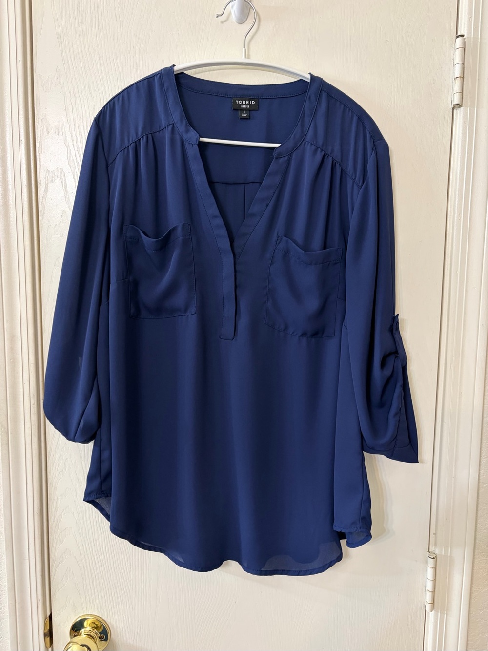 torrid Navy Split-Neck Pullover Blouse with Chest Pockets